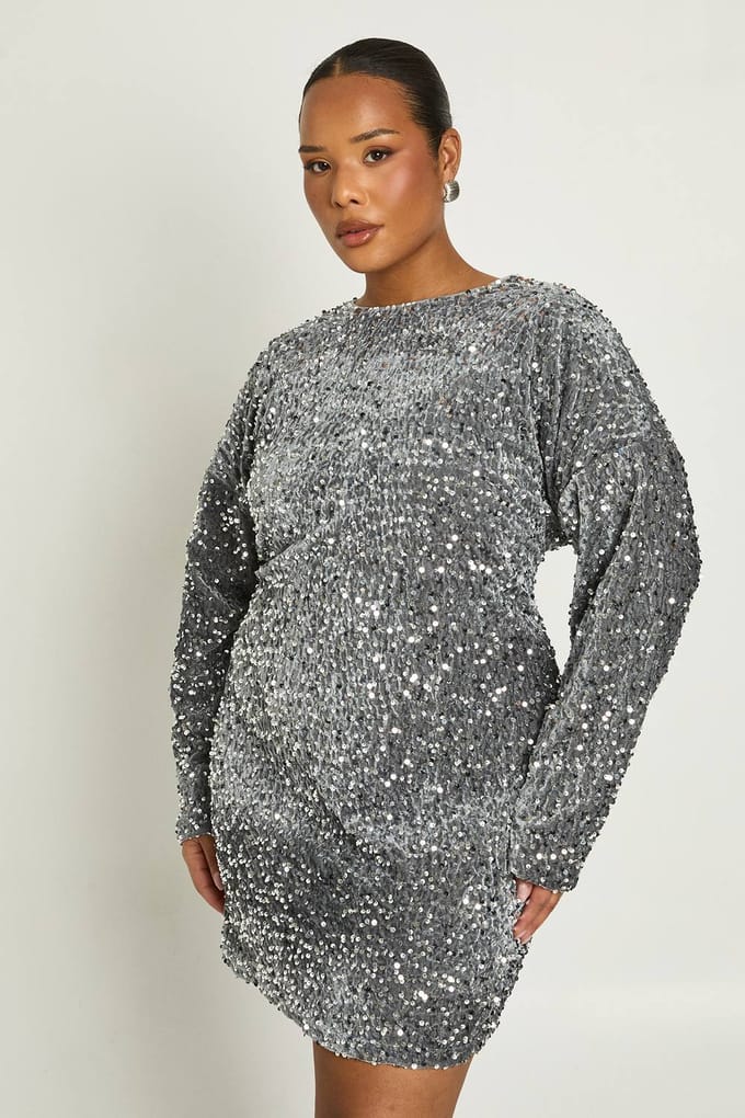 boohoo Dames Plus Pailletten Batwing Shiftjurk | Silver | Maat: 18