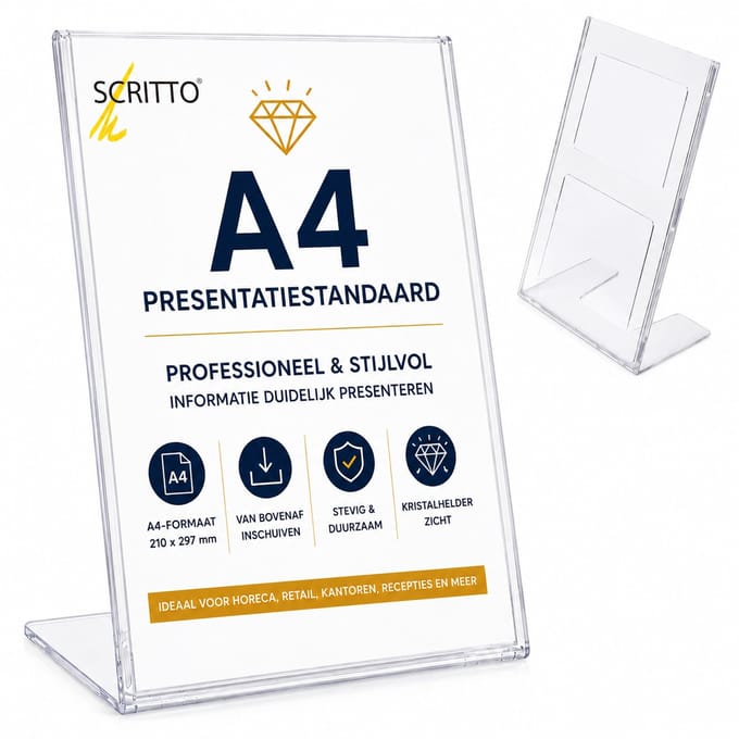 Scritto Presentatiestandaard A4 Staand – 1 Stuks – Transparant Polystyreen – L-Model – Menukaarthouder & Informatiedisplay