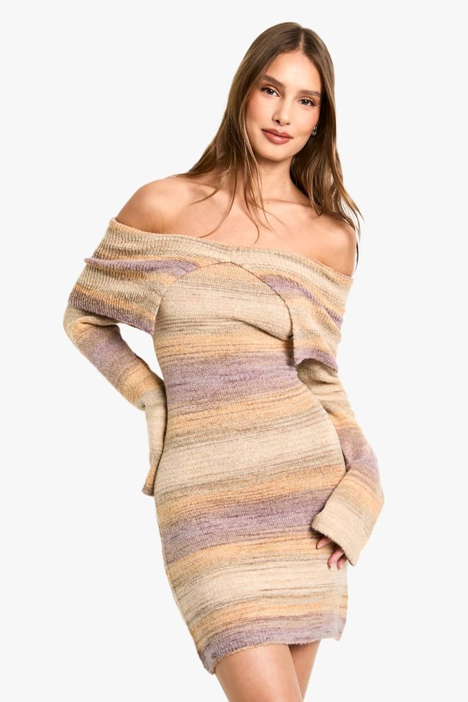 boohoo Dames Bardot gestreepte jumper gebreide jurk | Maat: Medium