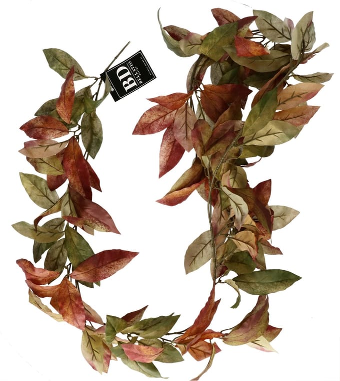 Bellatio Design kunstplant/hangplant slinger - Lychee blad - herfst kleuren - 180 cm lang - planten guirlandes