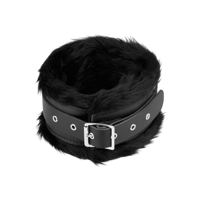 Rimba - Collar Leer Breed En Gevoerd Met Kunstbont - Zwart