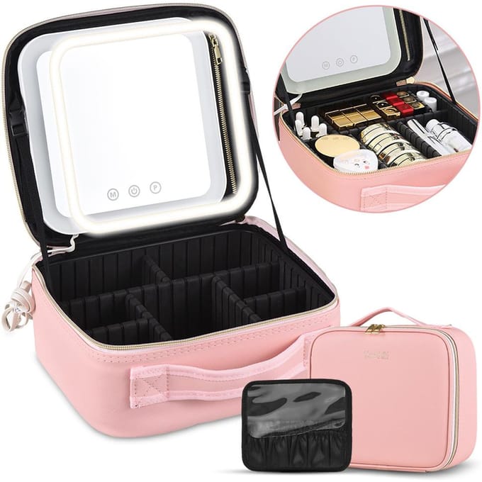 Reis Make-up Treinkoffer met Spiegel LED Licht Instelbare Helderheid Grote Capaciteit Cosmetische Tas Small Size roze