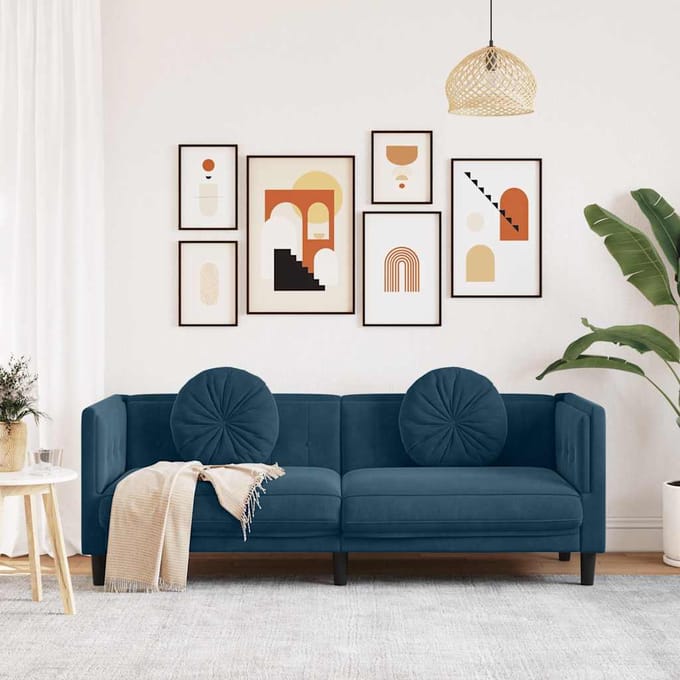 vidaXL - Bank - met - kussens - 3-zits - fluweel - blauw
