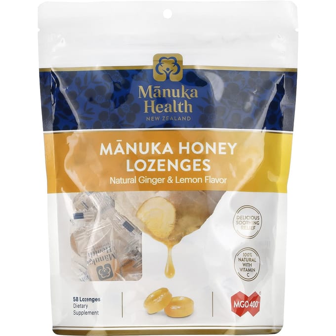 Manuka Honing Pastilles, Natuurlijke Gember & Citroen, MGO 400+, 58 Pastilles