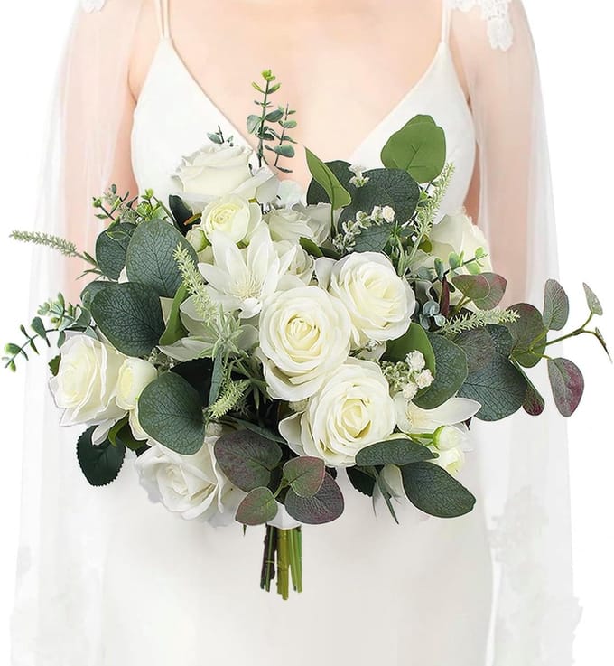 Rinlong Wedding Bouquets for Bride White Sage Green Bridal Bouquet for Wedding Artificial Flowers Silk Bouquet Wedding Ceremony