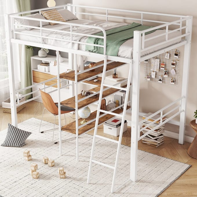 Sweiko Hoogslaper - 90*200 cm - Metalen bed - Zonder matras - Bureau + plank - Wit