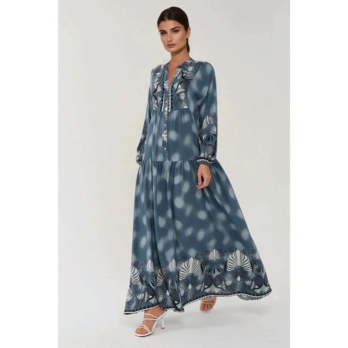 Bedrukte Lange Mouw Viscose Maxi Jurk