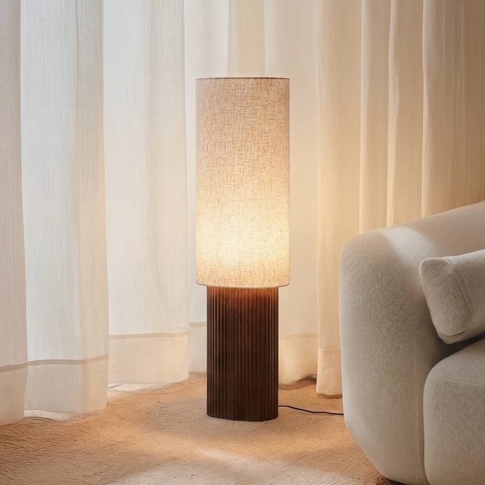 Lindby - vloerlamp - 1licht - Walnoothout, textiel - H: 100 cm - E27 - Donker hout, beige