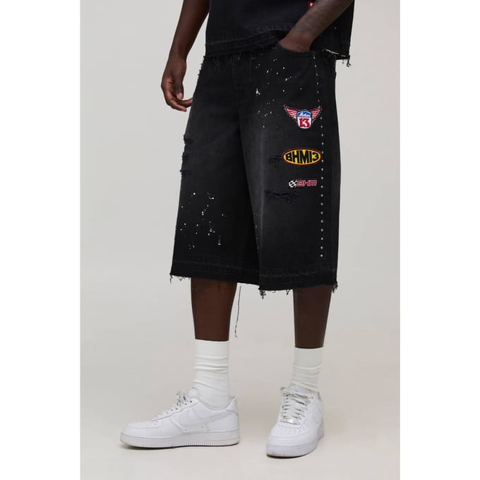 Gewassen Moto Badge Longline Jorts | Washed Black | Size 32