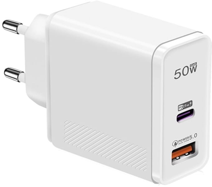 50W Snellader met QC 5.0 USB + PD3.0 USB-C - Super Fast Charging Adapter Lader geschikt voor telefoons, tablets etc. - wit