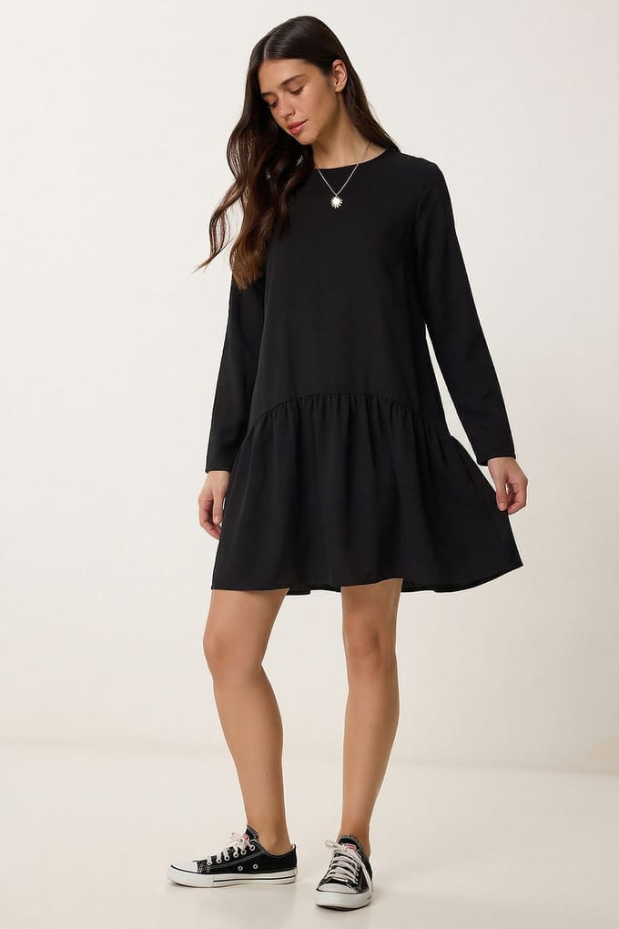 Ruches Crew Neck Lange Mouw Mini Jurk