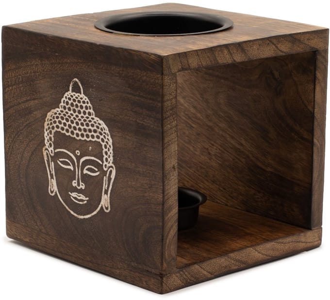 Large Square Mango Wood Oil Burner- Buddha Face