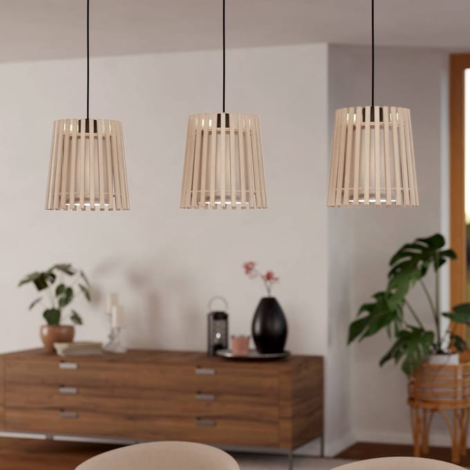 EGLO Fattoria Hanglamp - E27 - 90 cm - Zwart/Bruin/Wit - Hout /Textiel