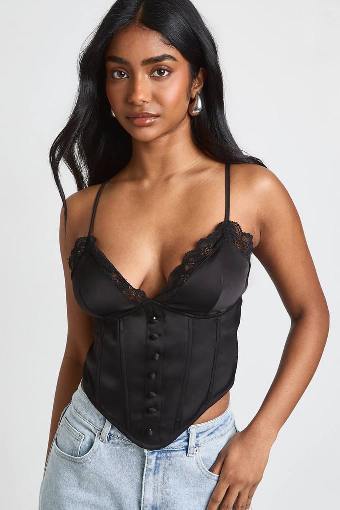 boohoo Dames Kanten Afgezet Corset Top Met Baleinstructuur | Zwart | Maat: 44