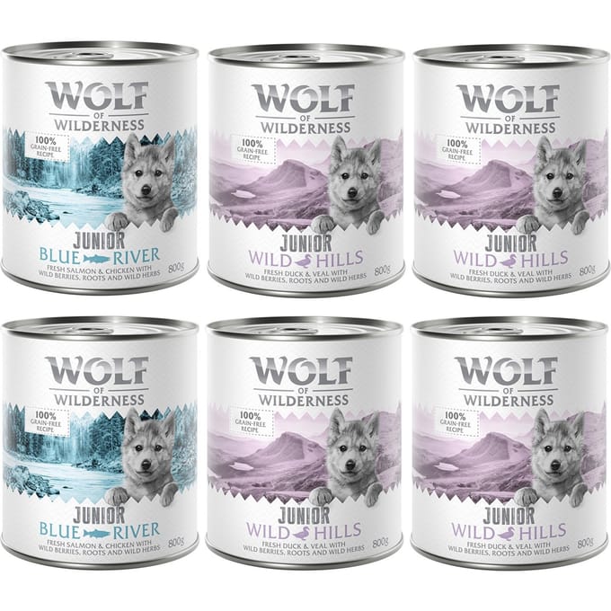 6 x 800 g Wolf of Wilderness Mixpakket Junior 4x Eend & Kalf, 2x Kip & Zalm
