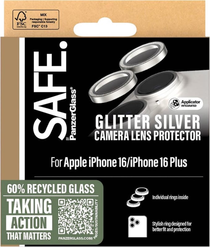 SAFE by PanzerGlass Camera Lens Protector geschikt voor Apple iPhone 16 / 16 Plus - Glitter Silver