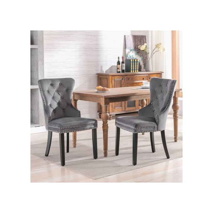 Chaises de salle à manger en velours (ensemble de 6) avec pieds en chêne (gris, ensemble de 6)