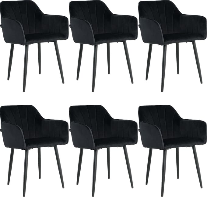 Lina® Rio Eetkamerstoelen - Zwart - Set van 6 - Velvet