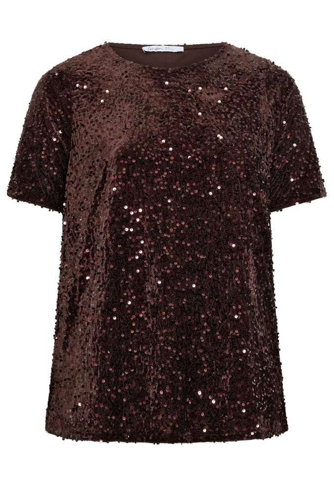 Yours London Chocoladebruin Fluwelen Tshirt Met Pailletten Size 48
