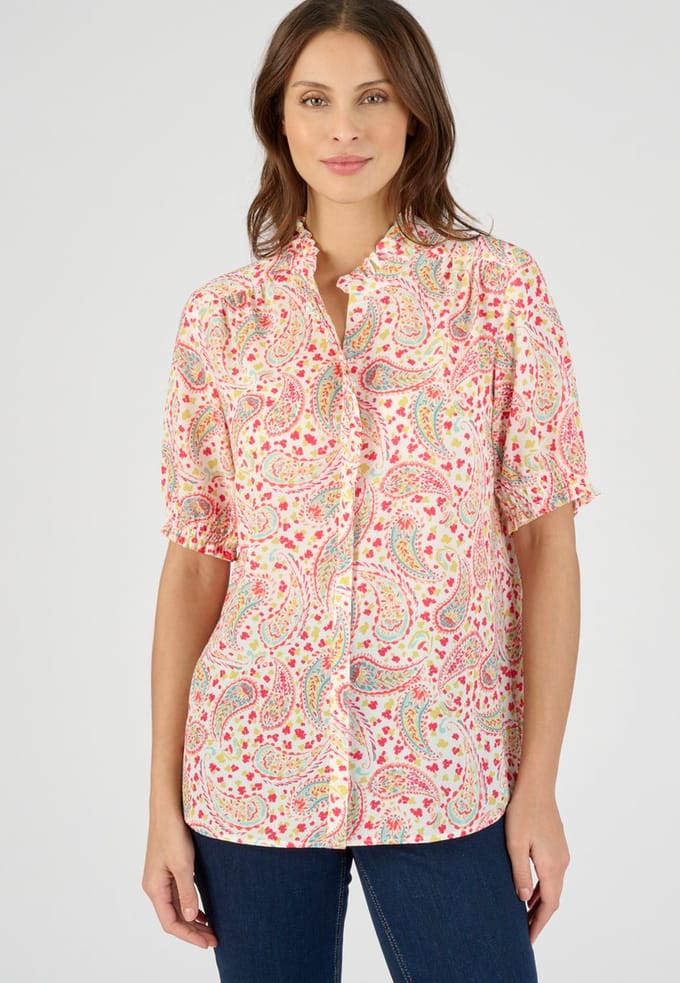 Damart - Blouse in crêpe met stretch en volants - Dames - Roze - 48