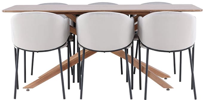 Piazza eethoek tafel 90x180cm en 6 velours stoelen met armleuningen mocca.