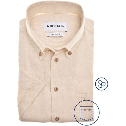 Ledûb Overhemd Uni Color Button-Down Linnen Blend Short Sleeve Zand / male