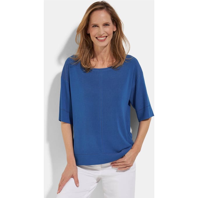 Tricot pullover met ajourpatroon - blauw - Gr. 38 van Goldner Fashion
