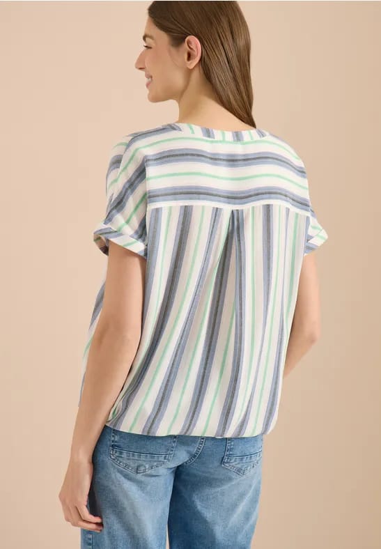 Blouse met korte mouwen, gespleten hals en strepen