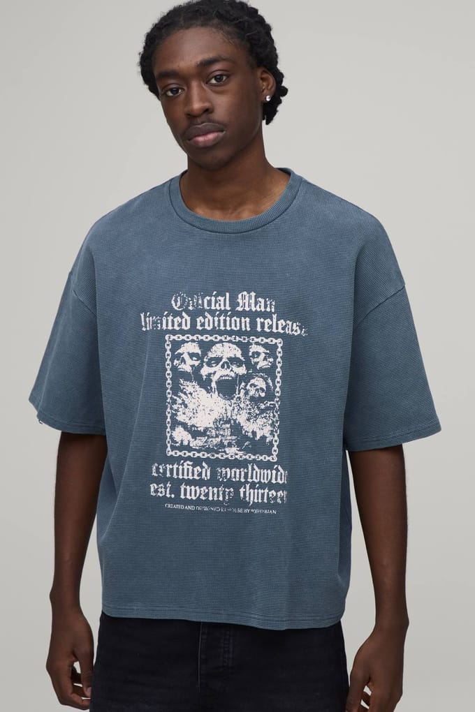 Oversized Waffle Gothic Print Short Sleeve T-Shirt | Charcoal | Size Medium