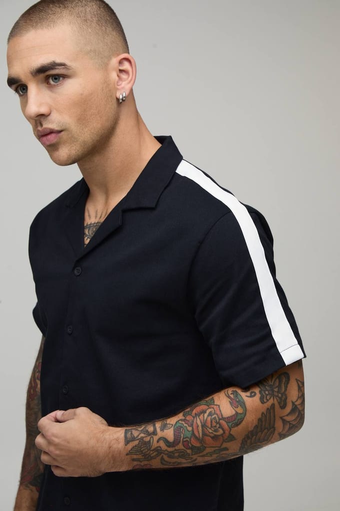 Twill Contrastband Regular Overhemd & Relaxed Shorts Set | Navy | Size XS