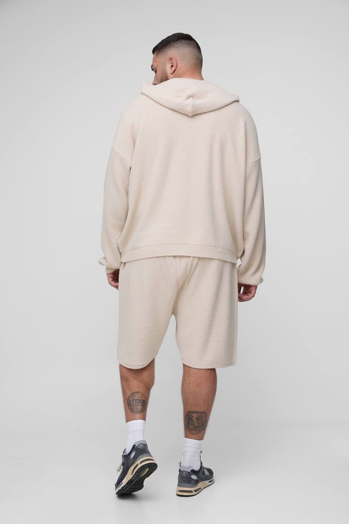 Plus Waffle Gebreide Oversized Hoodie & Short Set | Stone | Size 2XL