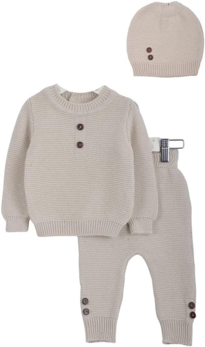 Set van 3 Gebreide Babykleding: Broek, Trui en Muts, Beige