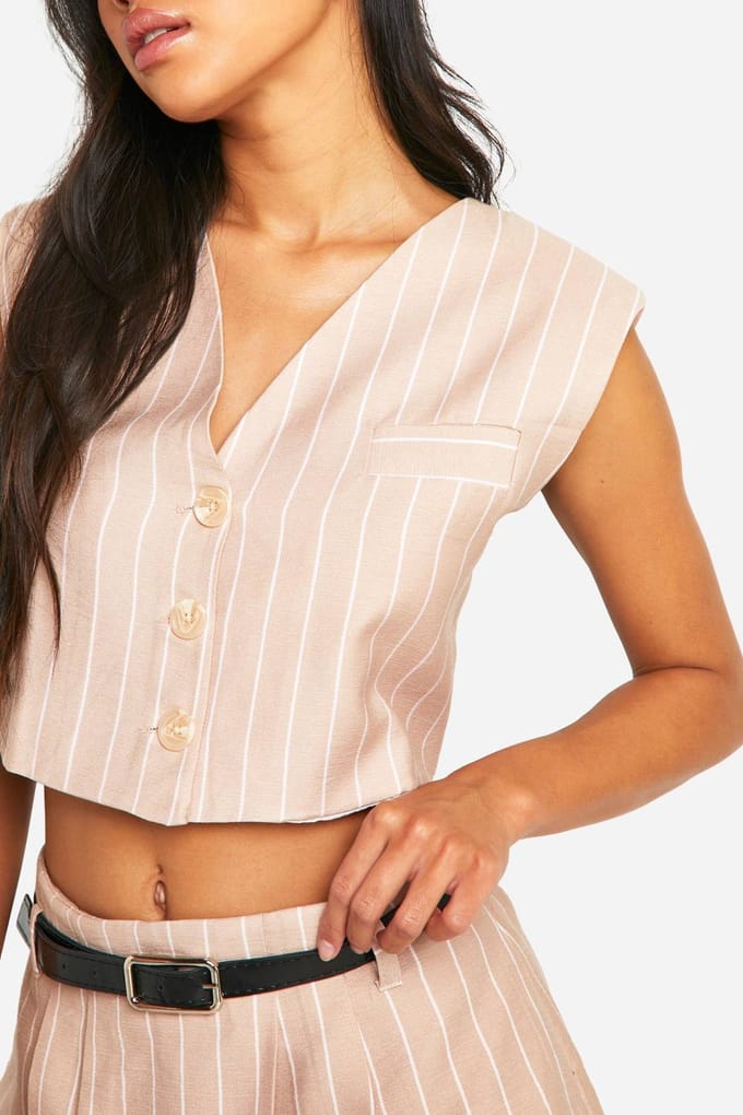 boohoo Dames Gewoven Pijpenstreeptjes Super Crop Vest | Camel | Maat: Medium