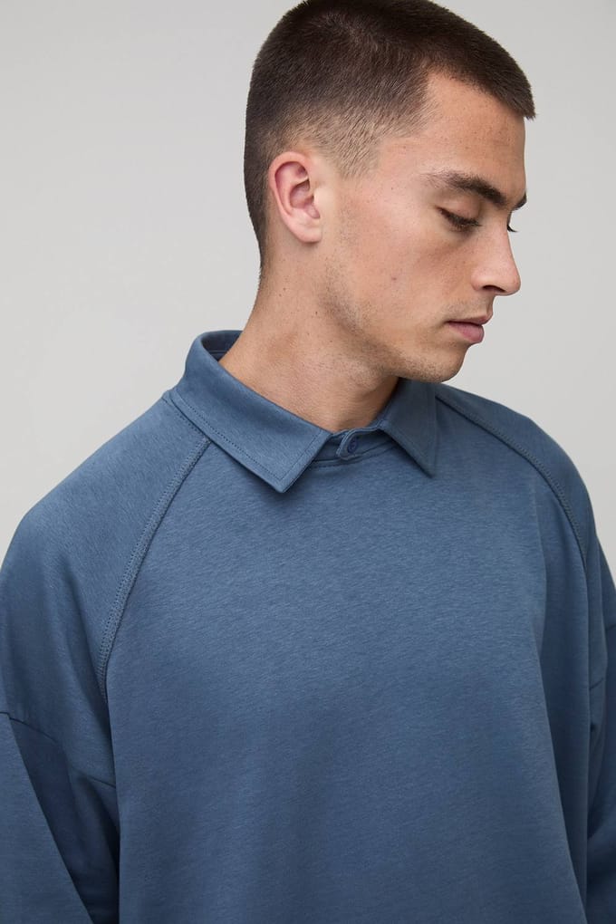 Oversized Premium Placketless Interlock Raglan Sleeve Polo T-Shirt | Slate | Size Medium