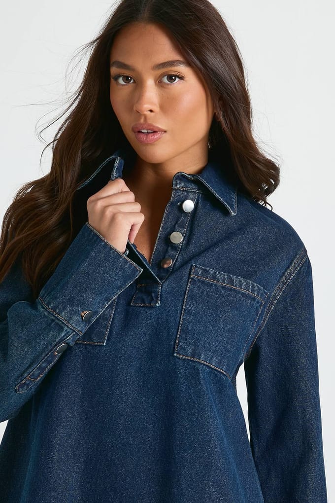 boohoo Dames Denimjurk met lange mouwen | Indigo | Maat: 6