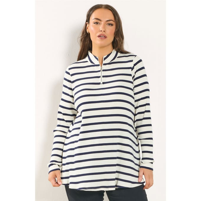 Yours Ivoorwitte Gestreepte Top Met Ritshals Size 46