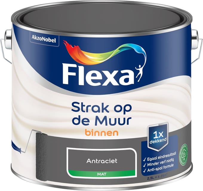 Flexa Strak Op De Muur Muurverf - Mat - Antracietgrijs - 2,5l