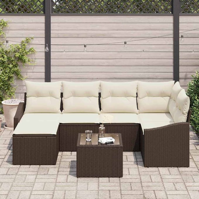 vidaXL Tuin Eettafel Set met kussen met opslag 7 pcs Bruin en Crème