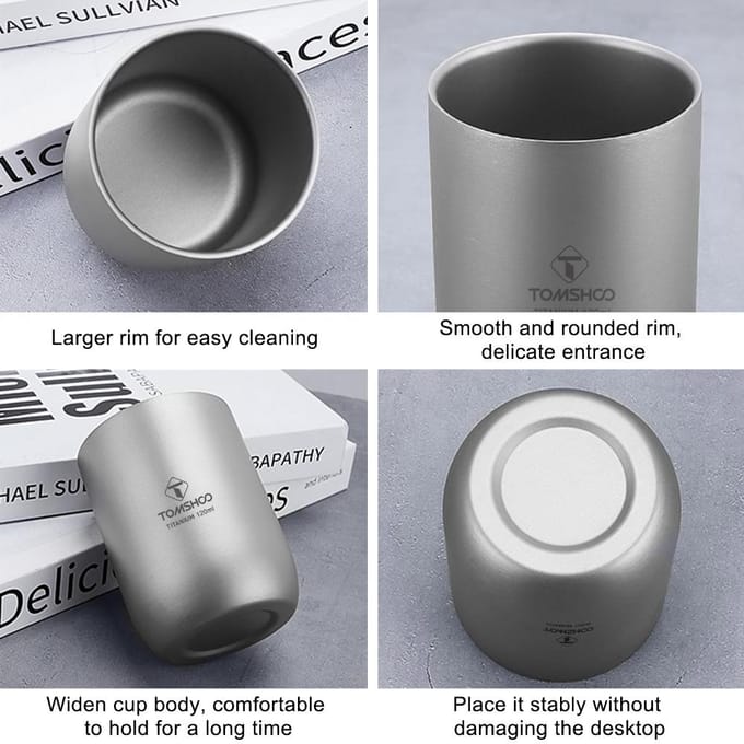 TOMSHOO Multifunctionele Titanium Campingbekers Dubbelwandige Hittebestendige Mini Thee Drinkbeker 120ml gray