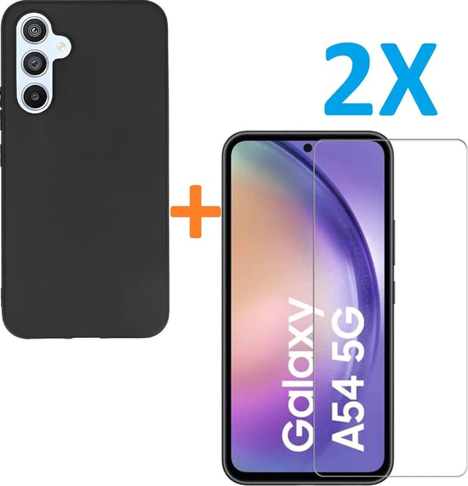 Silicone hoesje zwart met 2 Pack Tempered glas Screen Protector Geschikt voor: Samsung Galaxy A54