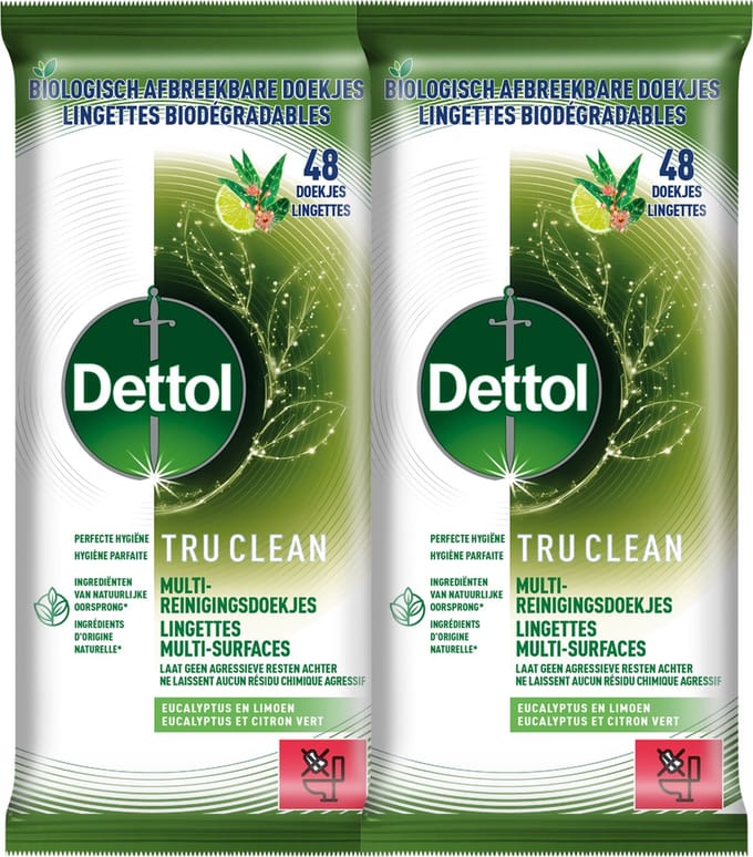 Dettol Lingettes Biodégradable Tru Clean Eucalyptus & Lime - 48 - 2 Stuks - Voordeelverpakking