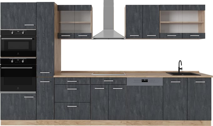 Vicco R-Line Complete keuken – 350 cm, WB Eik Zwart beton/goud eiken