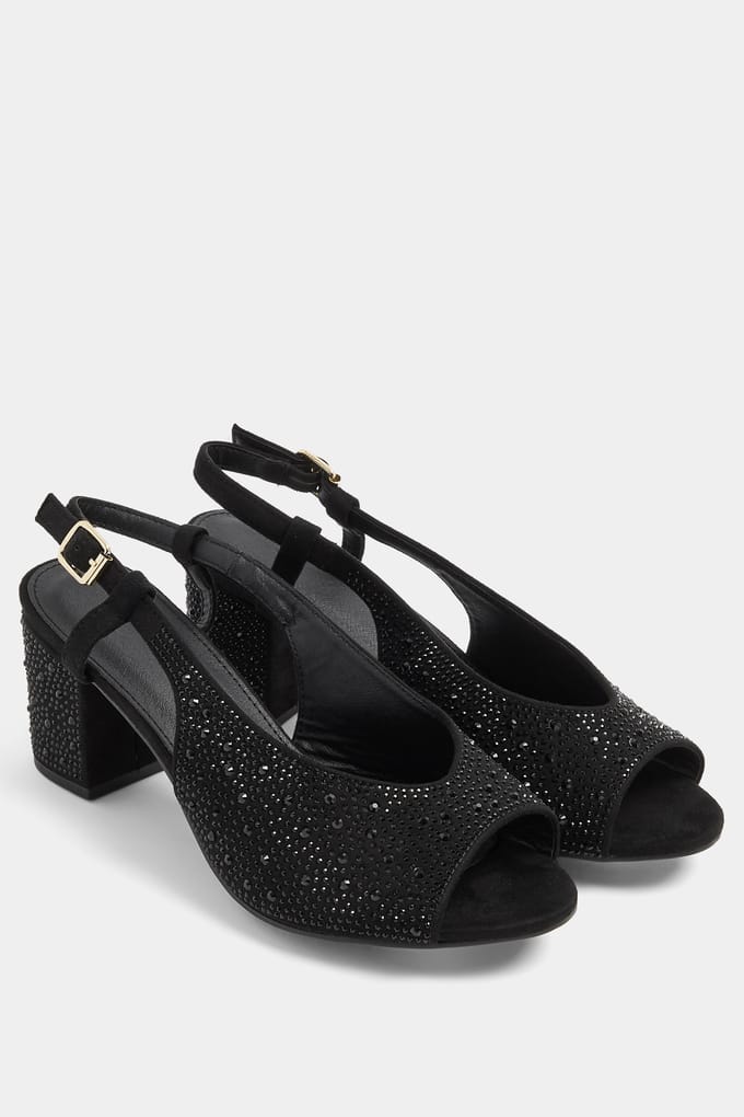 Yours Zwarte Diamanten Open Teen Slingback Blokhak In Brede Epasvormsize 42E