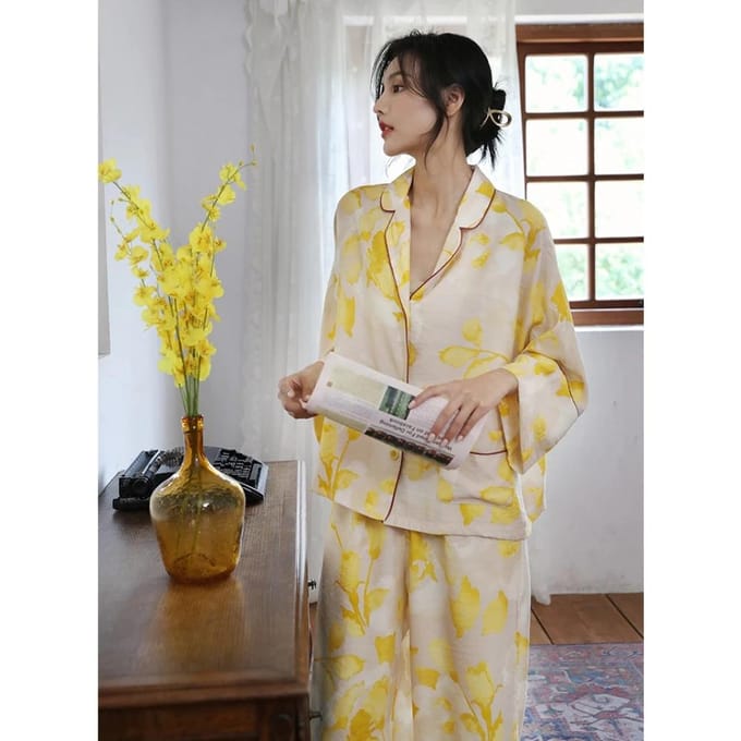 Damespyjama Set Bladprint Pyjama Zijde Casual Huispak Pyjama Dames Huisset XL geel