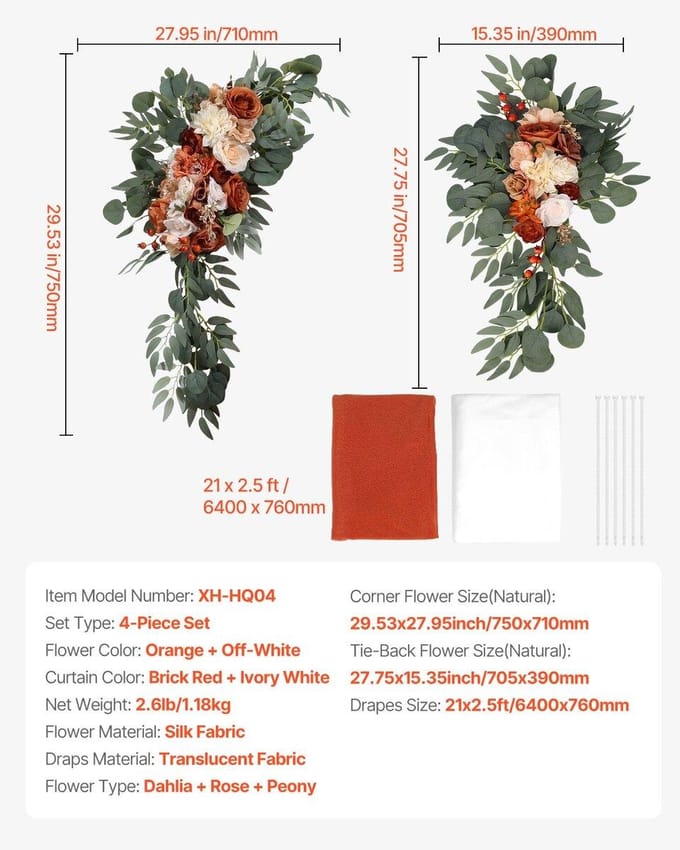 Kunstbloemen Kit voor Trouwboog Oranje Met 2 Stuks Bloemen 2 Stuks Gordijnen