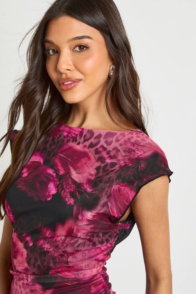 boohoo Dames Gemixte Bloemenprint Geplooide Taille Mesh Maxi Jurk | Pink | Maat: 6