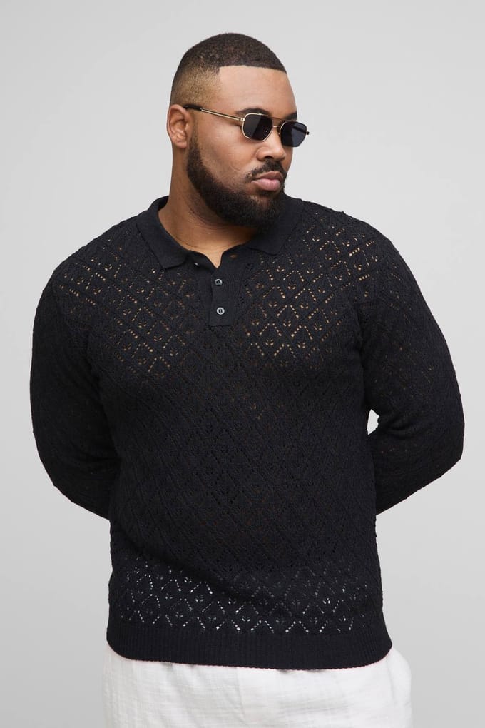 Plus oversized gehaakte poloshirt met lange mouwen | Black | Size 2XL