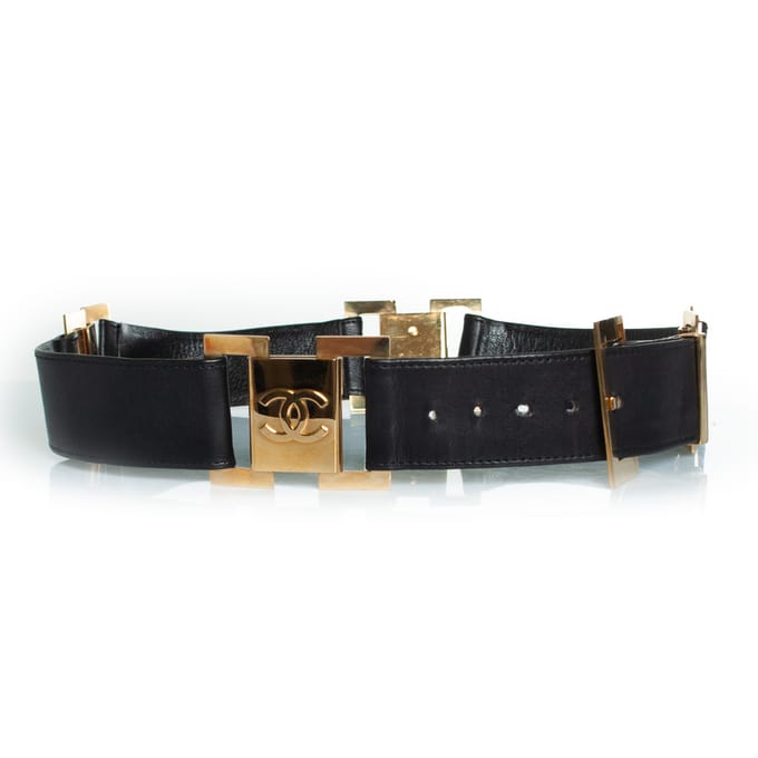 Chanel vintage zwarte leren riem met logo