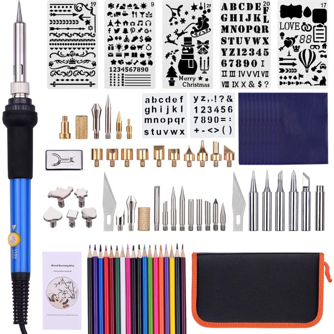 79PCS houtverbrandingsgereedschapsset Professionele Pyrography Pen Soldeerbout Set Verstelbare temperatuur US Plug blauw