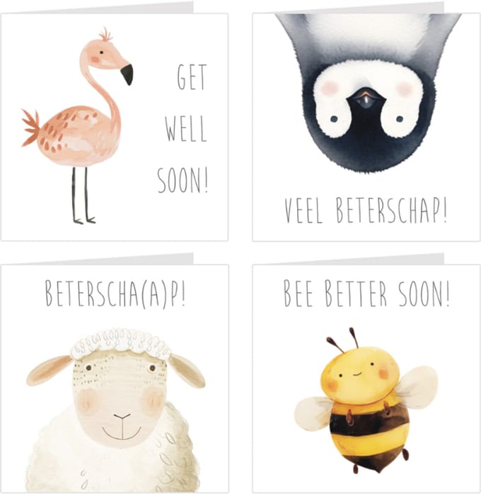 4x Beterschapskaarten / wenskaarten / set kaarten en enveloppen | Beterschap | dieren